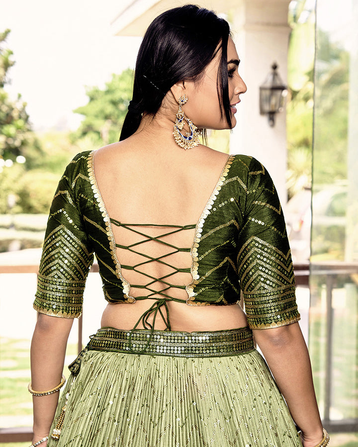 Green Color Chinon Embroidered Lehenga Choli