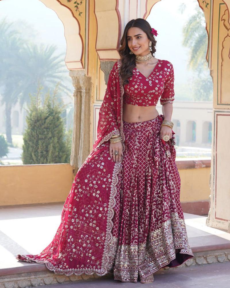 New Design Rani Pink Color Sequence Embroidered Jacquard Lehenga Choli