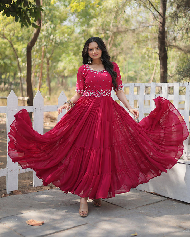 Rani pink Color Faux Blooming Embroidered Anarkali Gown