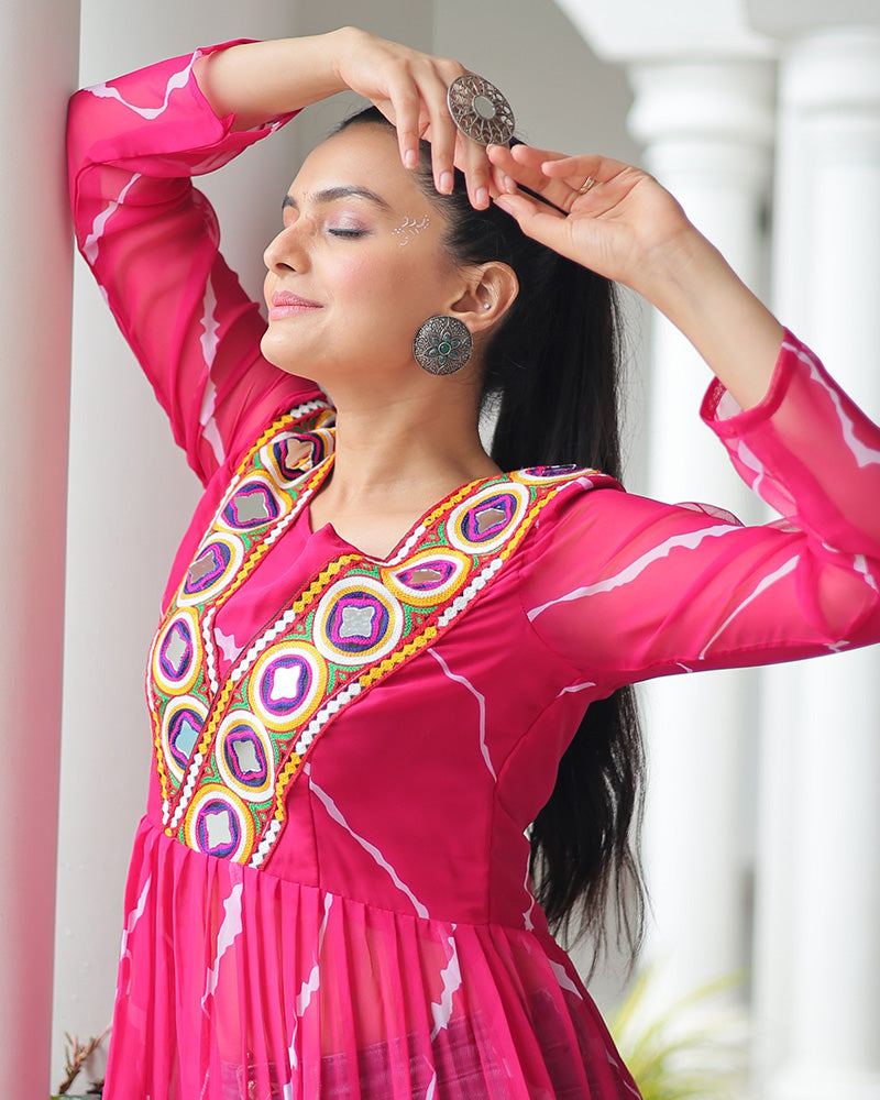 Pink Color Faux Georgette Kutchi Work Navratri Kurti