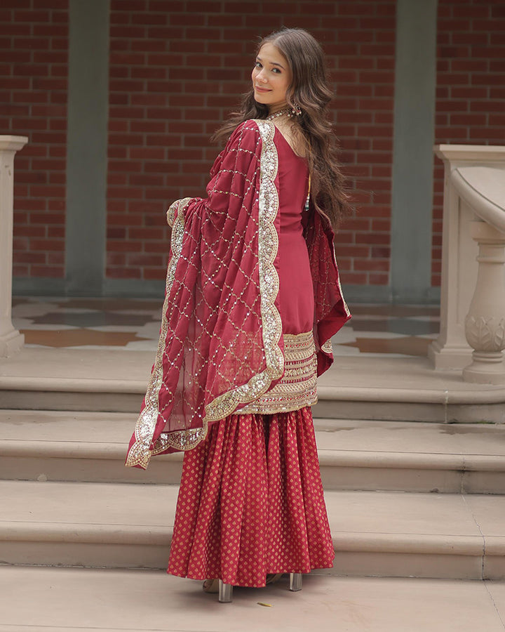 Maroon Color Georgette And Jacquard Sharara Suit