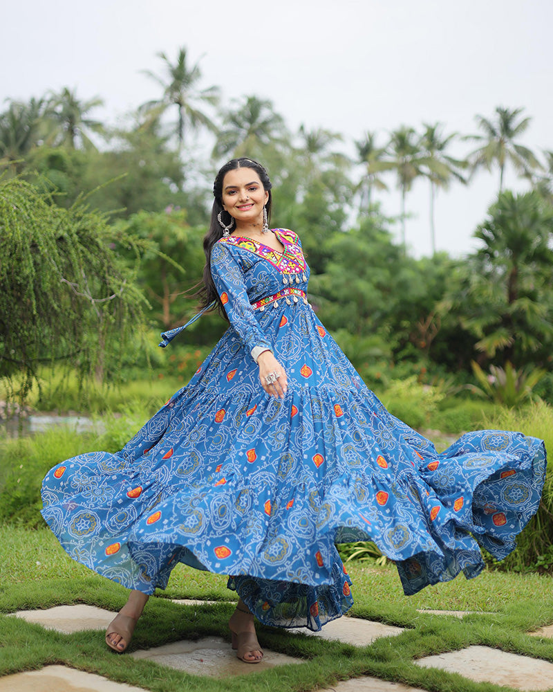 Blue Color Georgette Kutchi Work Navratri Gown