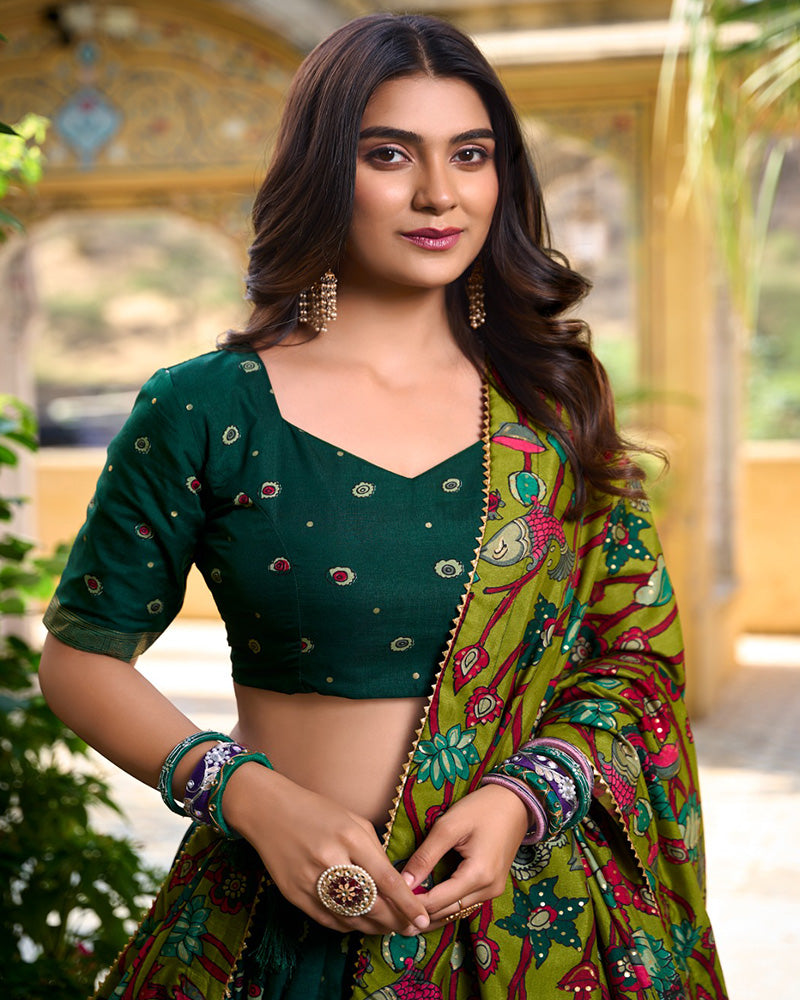 Green Color Tussar Silk Kalamkari Printed Navratri Lehenga Choli