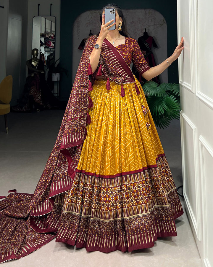 Mustard Color Tussar Silk Bandhej Printed Navratri Lehenga Choli