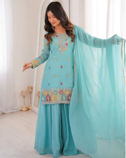 Sky Blue Color Pure Soft Crunchy Silk Sharara Suit