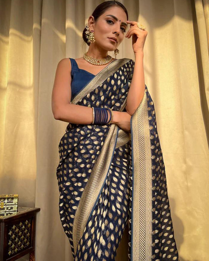 Beautiful Navy Blue Color Banarasi Jacquard Weaving Saree