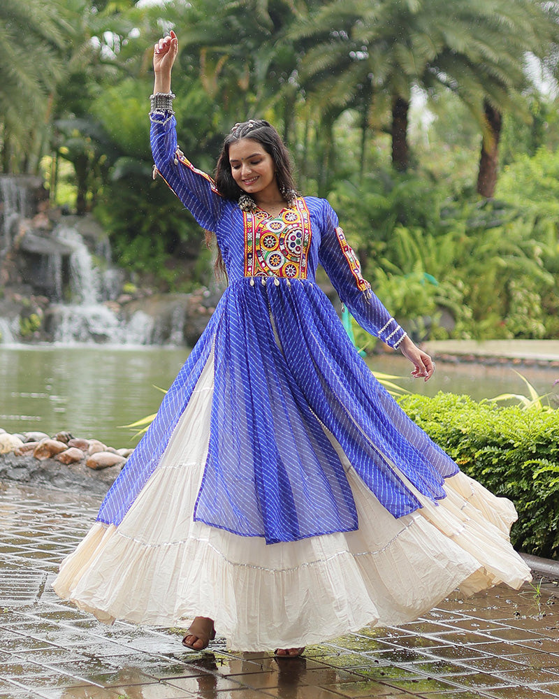 White Color Kora Cotton Lehenga With Blue Kurti