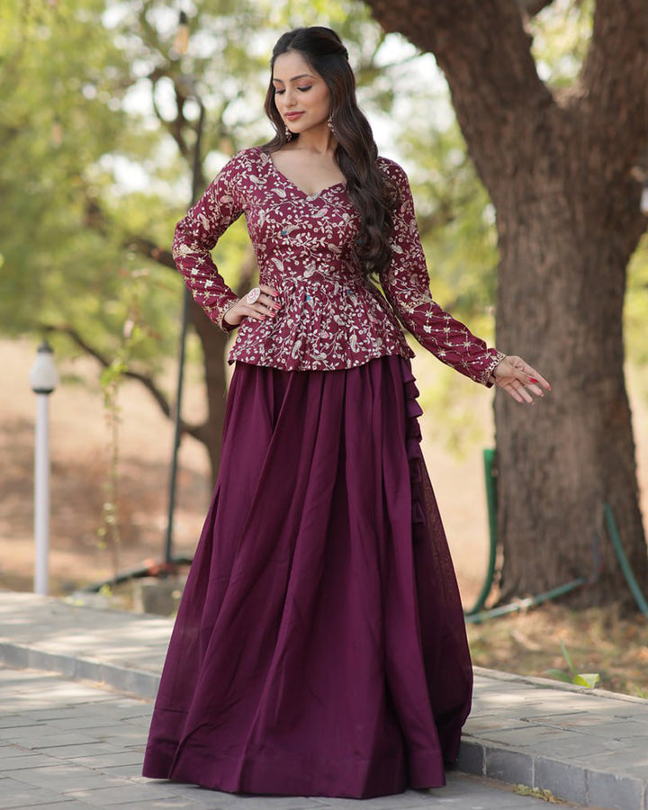 Wine Color Vichitra Shimmer Crop Top Lehenga Choli