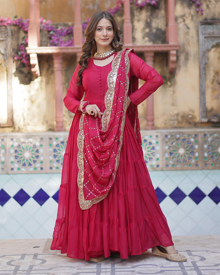 Rani Pink Color Star Georgette Gown With Embroidered Dupatta