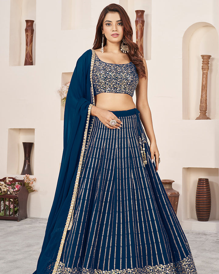 Blue Color Georgette Embroidered Semi Stitched Lehenga Choli