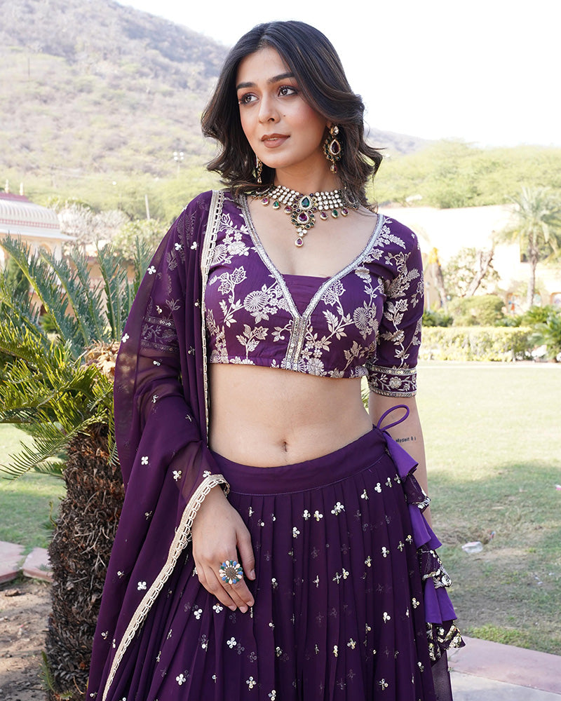 Wine Color Sequence Embroidered Faux Blooming Lehenga Choli