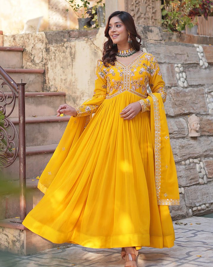 Mustard Color Faux Blooming Zari Embroidered Work Gown