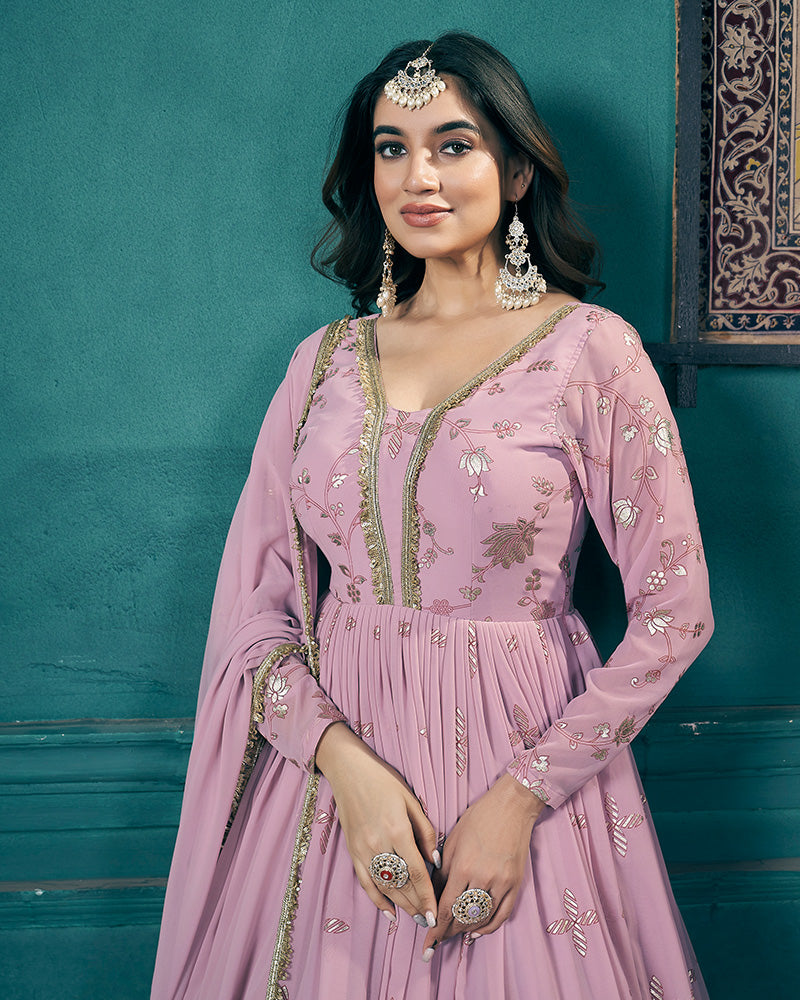 Baby Pink Color Faux Georgette Metalic Foil Work Gown With Dupatta