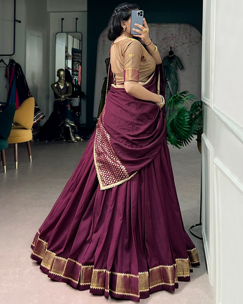 Wine Color Pure Chanderi Zari Weaving Lehenga Choli