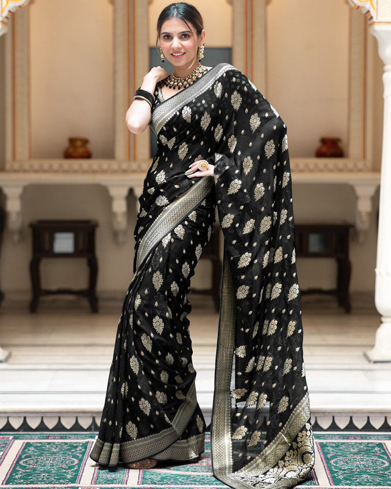 Black Color Banarasi All Over Jacquard Soft Silk Saree