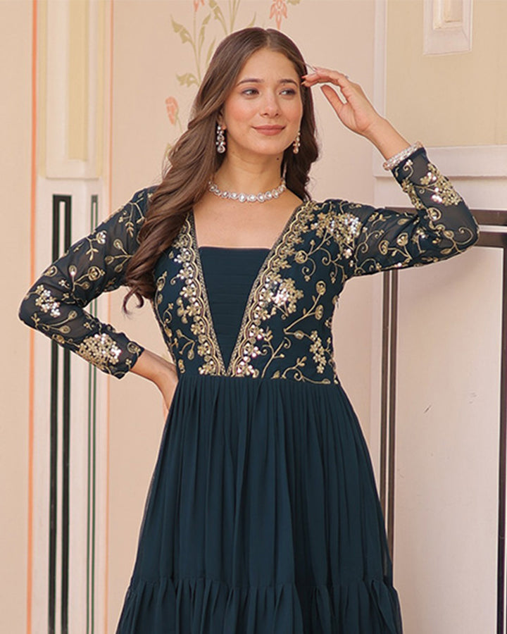Elegant Rama Floor-Length Gown With Golden Threadwork