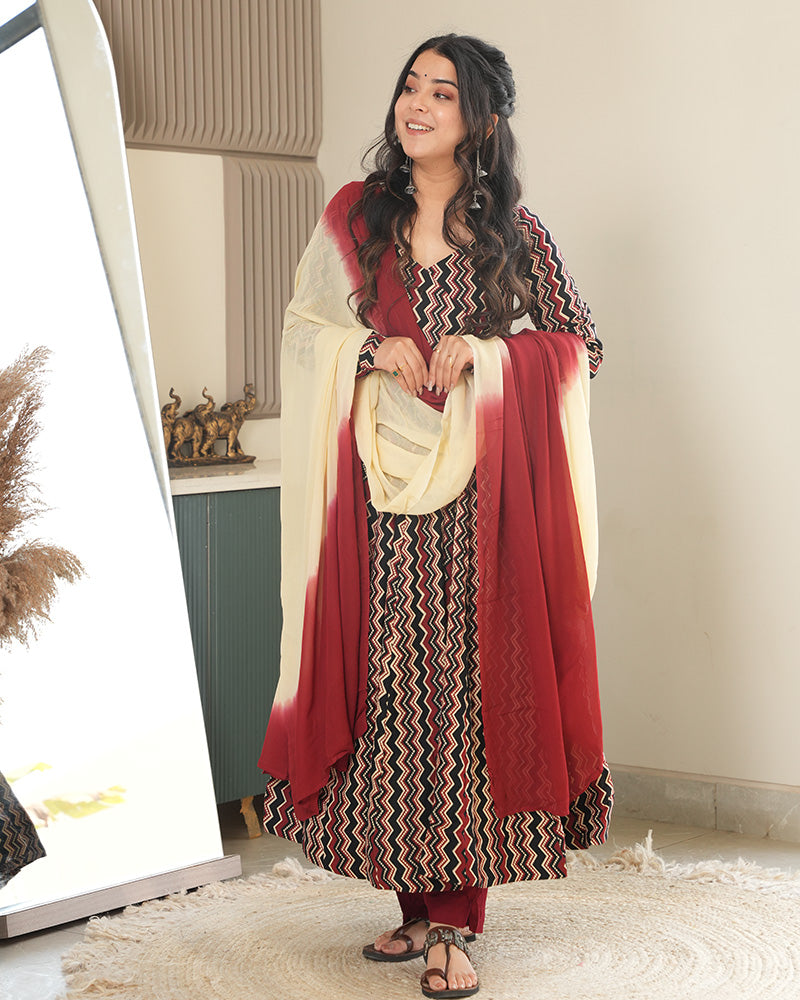 Black Color Laheriya Printed Pure Cotton Anarkali Suit