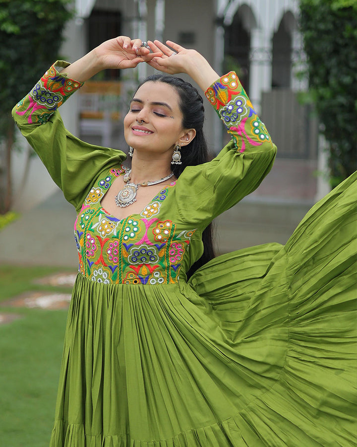 Parrot Green Color Rayon Navratri Gown