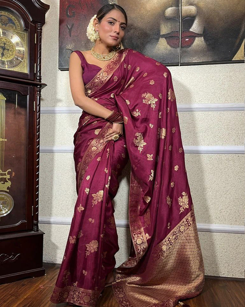 Wine Color Big Flower Design Banarasi Soft Silk Saree