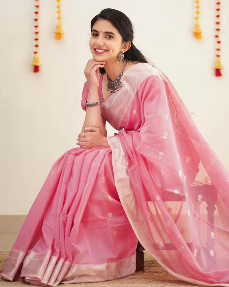 Baby Pink Soft Linen Cotton silk Saree