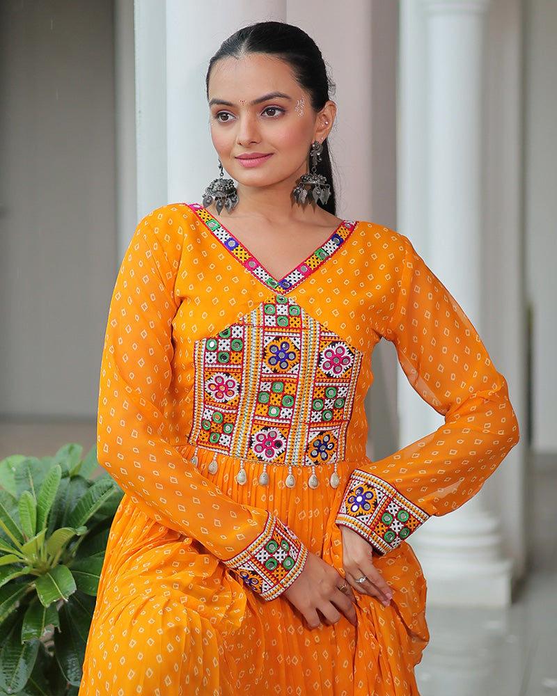 Yellow Color Georgette Bandhani Print Navratri Gown