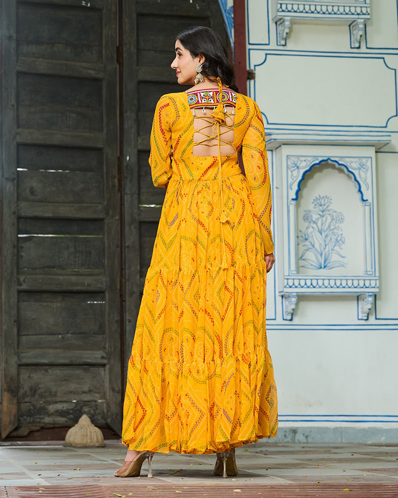 Festive Mustard Ethnic Gown With Colorful Mirror Work