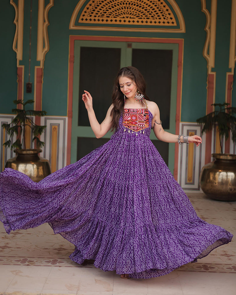 Purple Color Georgette Bandhej Print Navratri Gown