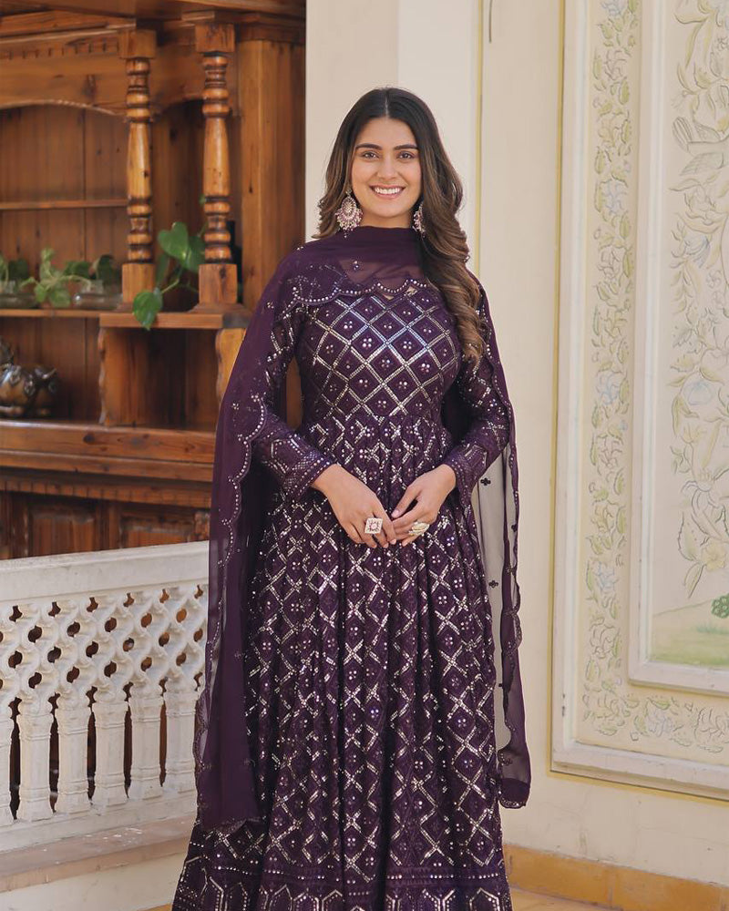 Wine Color Designer Anarkali Gown With Dupatta