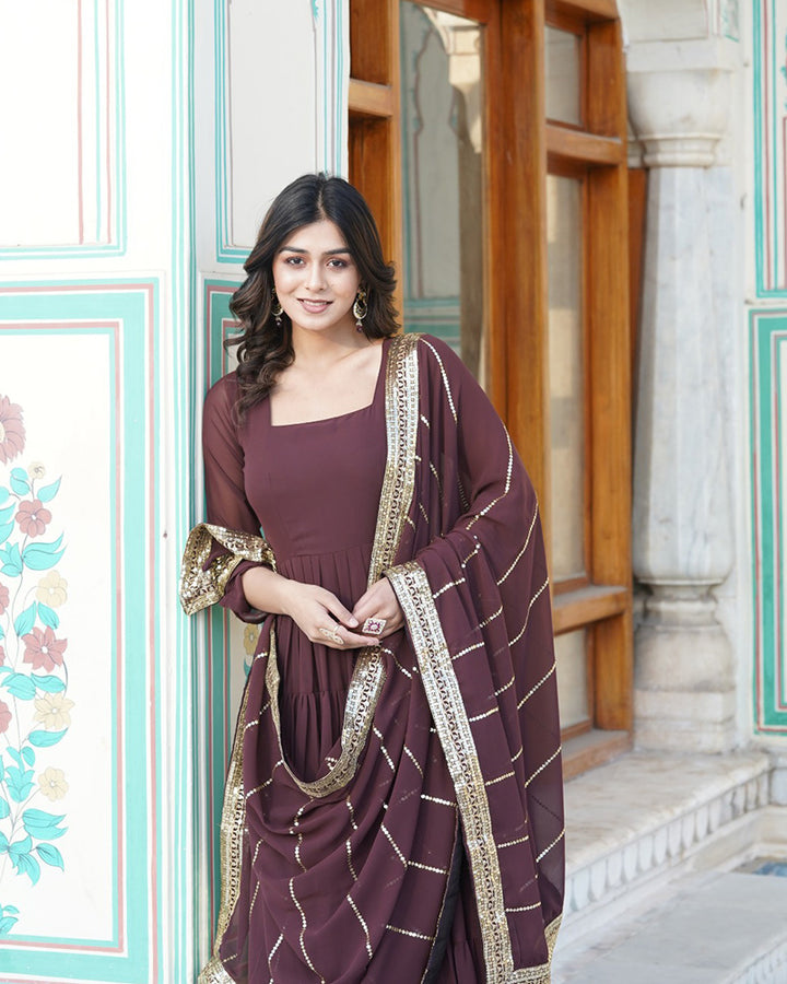Brown Color Five layer Georgette Anarkali Gown With Dupatta