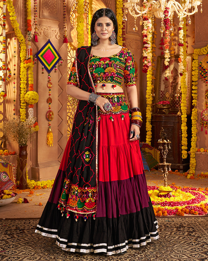 Traditional Red Multi Color Thread And Mirror Work Lehenga Choli