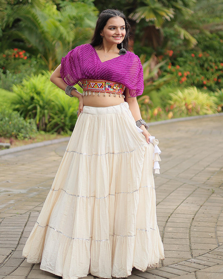 White Color Kora Cotton Lehenga With Purple Choli