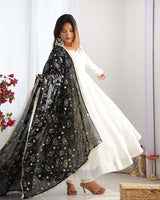 White Color Soft Vichitra Silk Anarkali With Black Dupatta