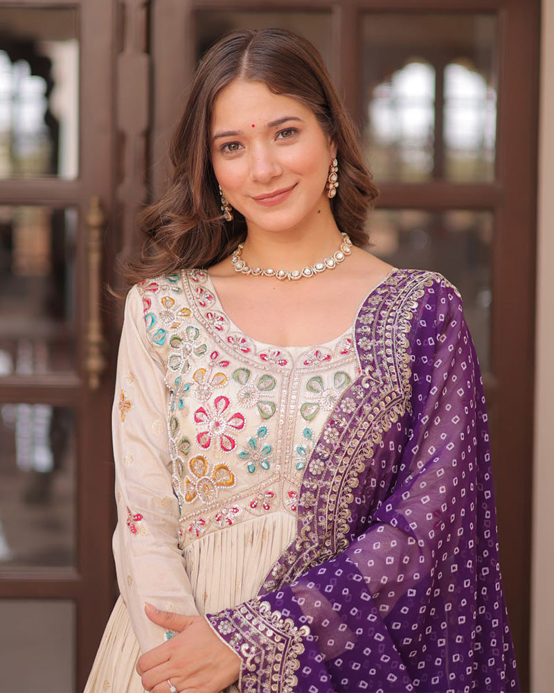 Off-White Color Jacquard Gown With Purple Dupatta