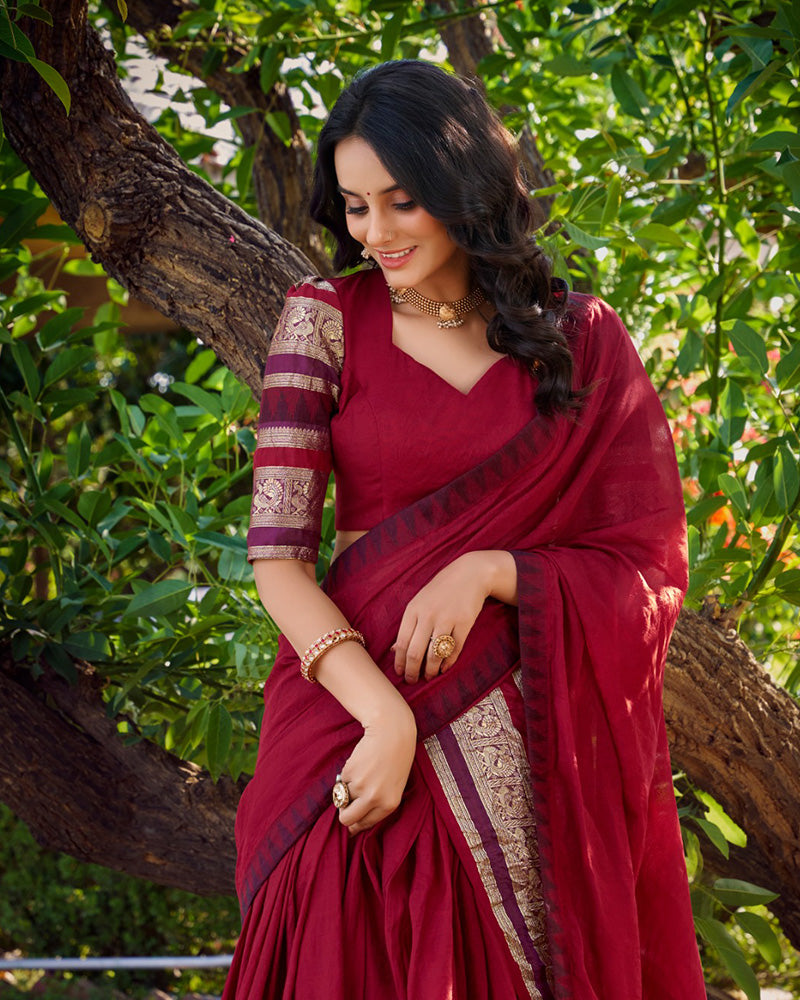 Red Color Pure Chanderi Plain Half Saree
