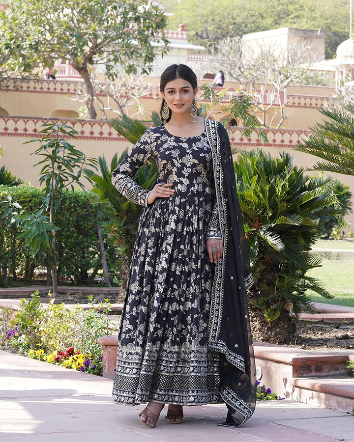 Designer Black Color Sequence embroidered Viscose Jacquard Gown With Dupatta