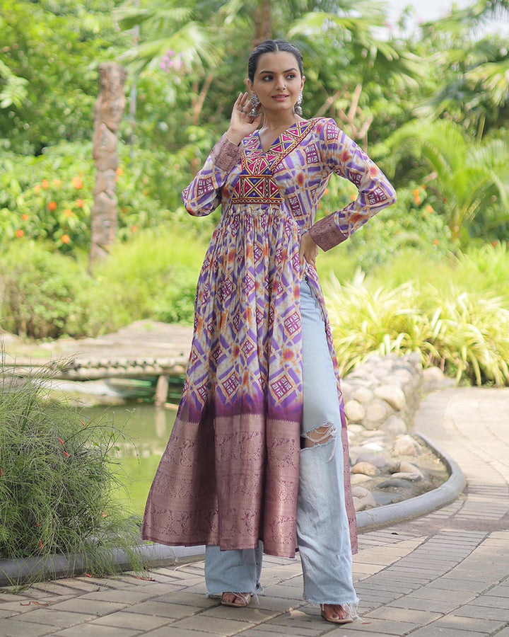 Lavender Color Cotton Printed Navratri Kurti