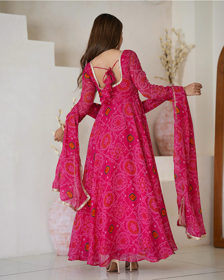 Rani Pink Color Bandhej Print Soft Chiffon Anarkali Gown