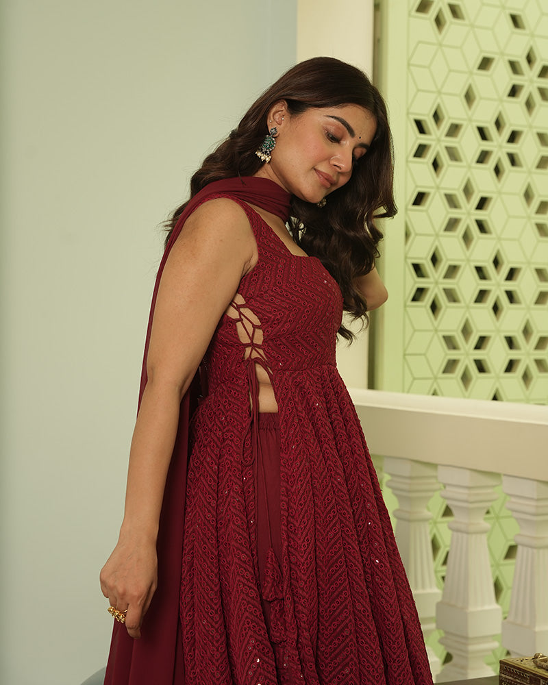 Maroon Color Georgette Lucknowi Three Piece Kurti Suit