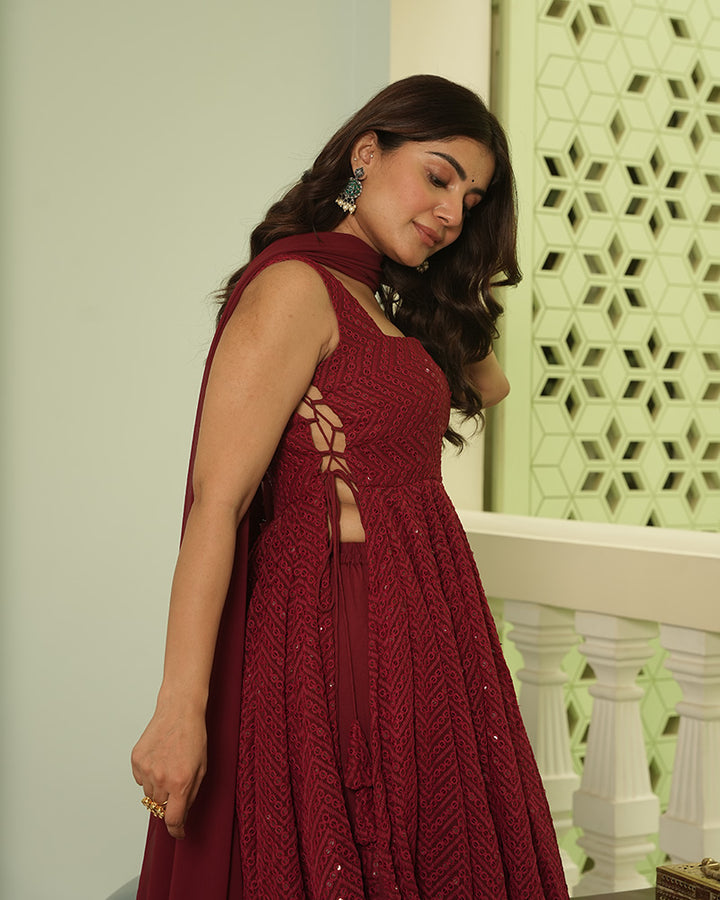 Maroon Color Georgette Lucknowi Three Piece Kurti Suit