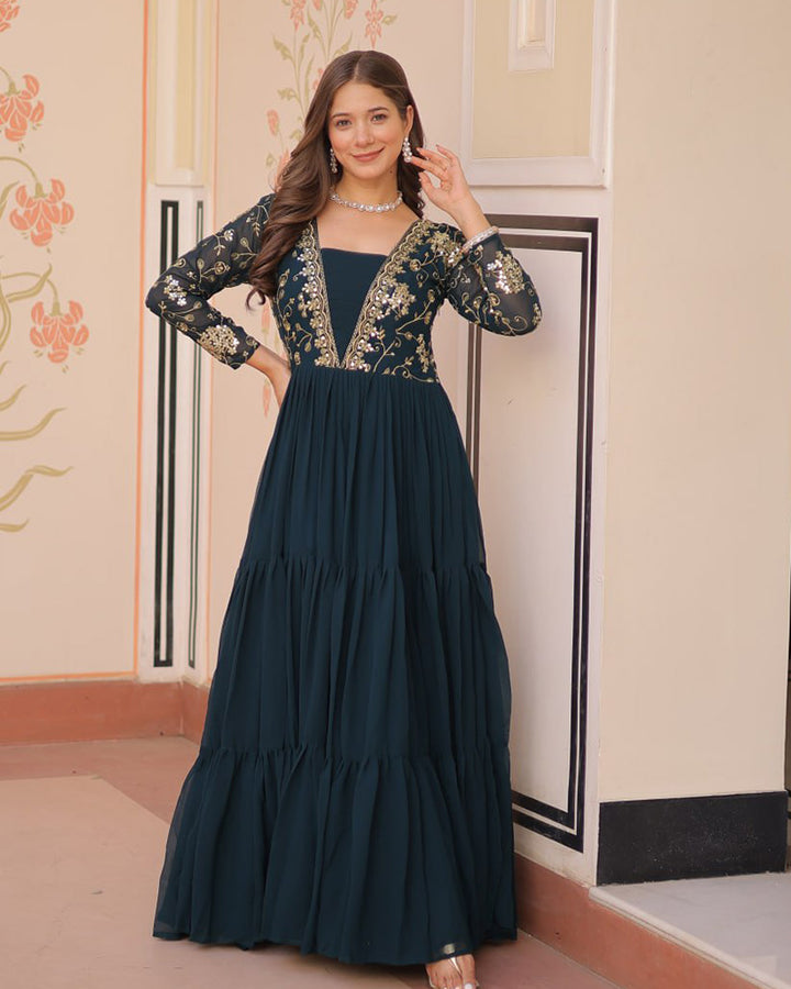 Elegant Rama Floor-Length Gown With Golden Threadwork
