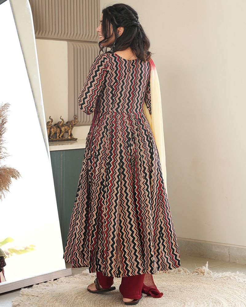 Black Color Laheriya Printed Pure Cotton Anarkali Suit