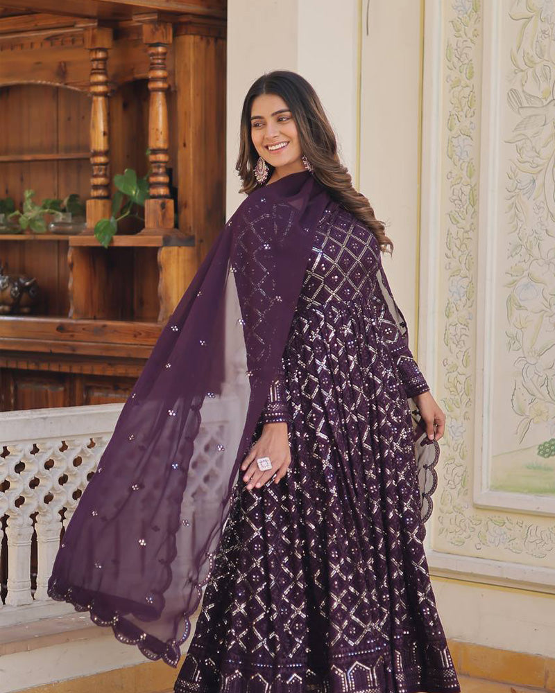 Wine Color Designer Anarkali Gown With Dupatta