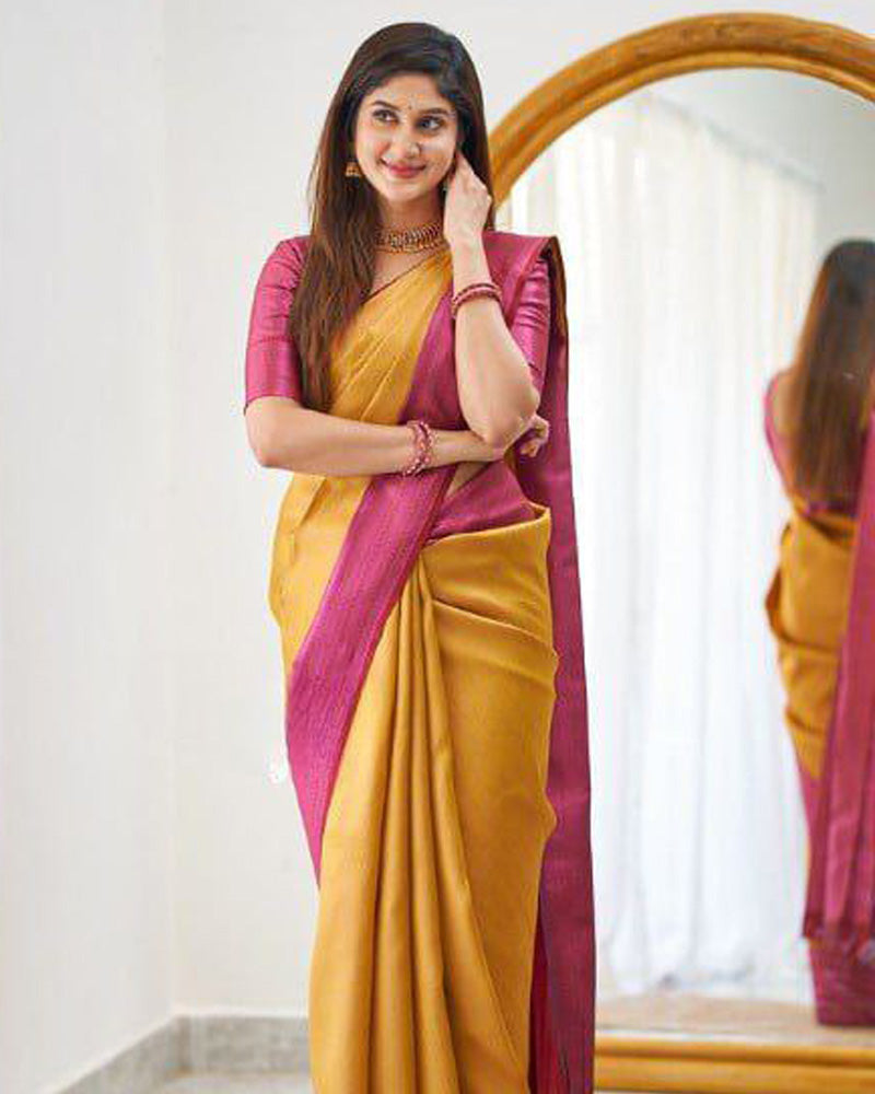 Mustard Yellow Soft Banarasi Silk Saree With Exclusive Jacquard Border