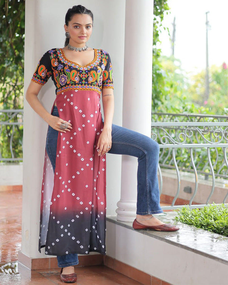 Traditional Maroon Black Color Bandhani Print Navratri Kurti