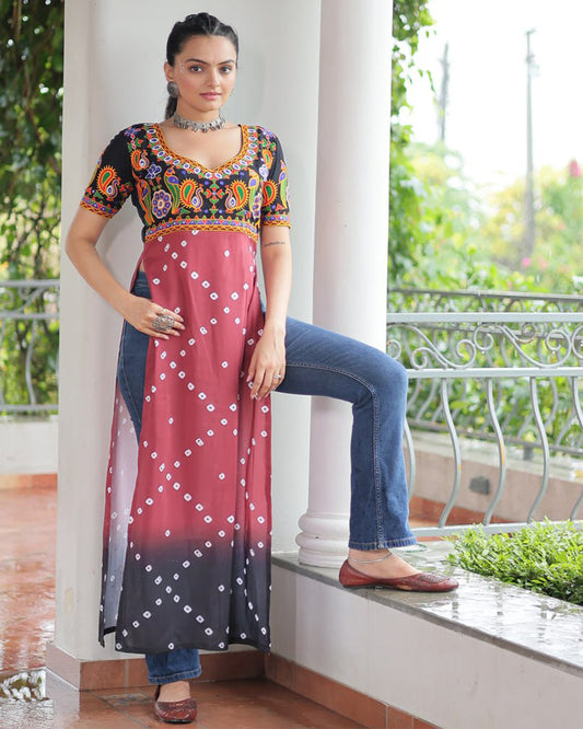 Traditional Maroon Black Color Bandhani Print Navratri Kurti