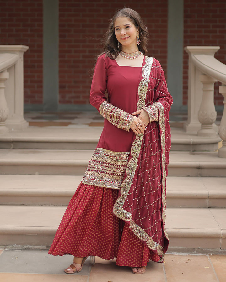 Maroon Color Georgette And Jacquard Sharara Suit