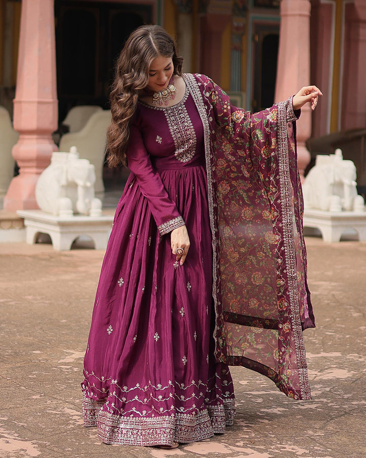 Wine Color Chinnon Sequence Embroidered Gown