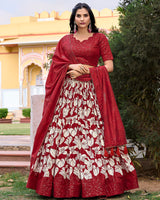 Red Color Tussar Silk Floral And Foil Printed Navratri Lehenga Choli