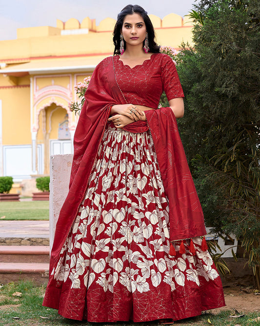 Red Color Tussar Silk Floral And Foil Printed Navratri Lehenga Choli