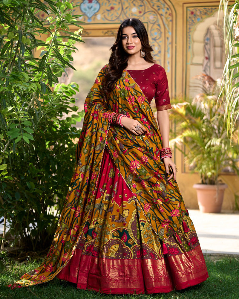 Red Color Tussar Silk Kalamkari Printed Navratri Lehenga Choli